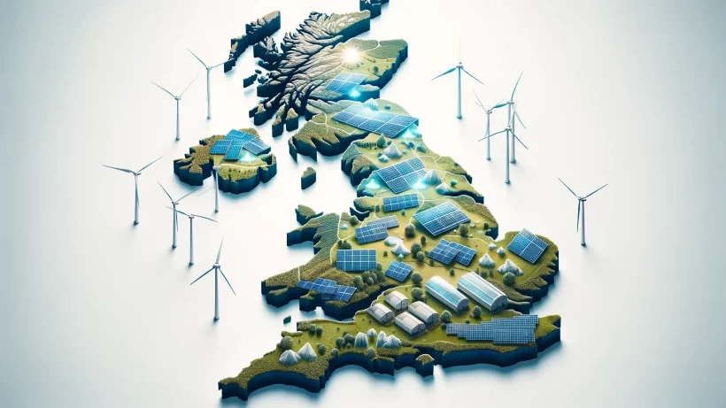 An illustrated Map of the UK with Solar Panels and Windfarms.