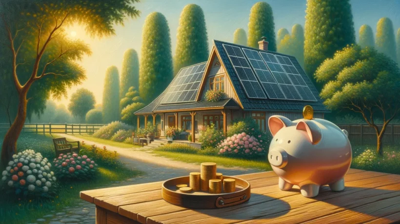 Image of a house with solar panels and a piggy bank filling with money that has been saved.