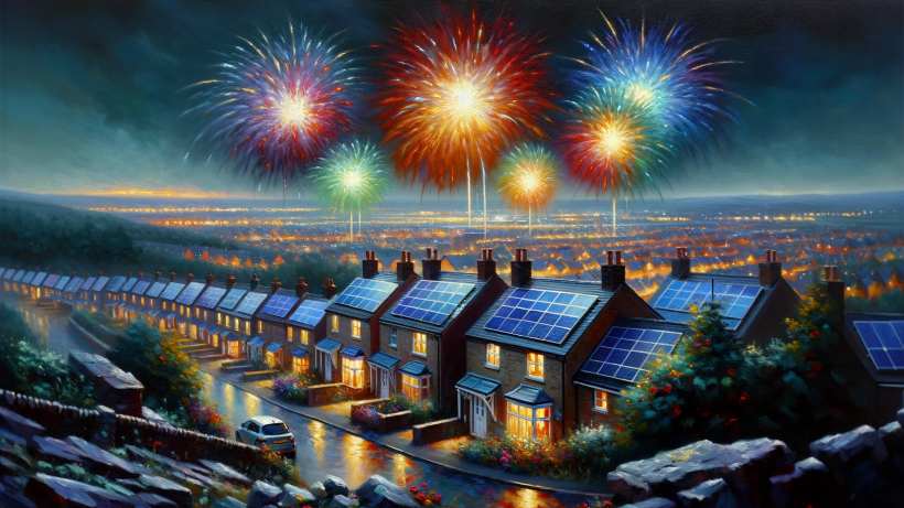 A British Neighbourhood with solar panels on the rooves. Fireworks go off in the background to bring in the new year