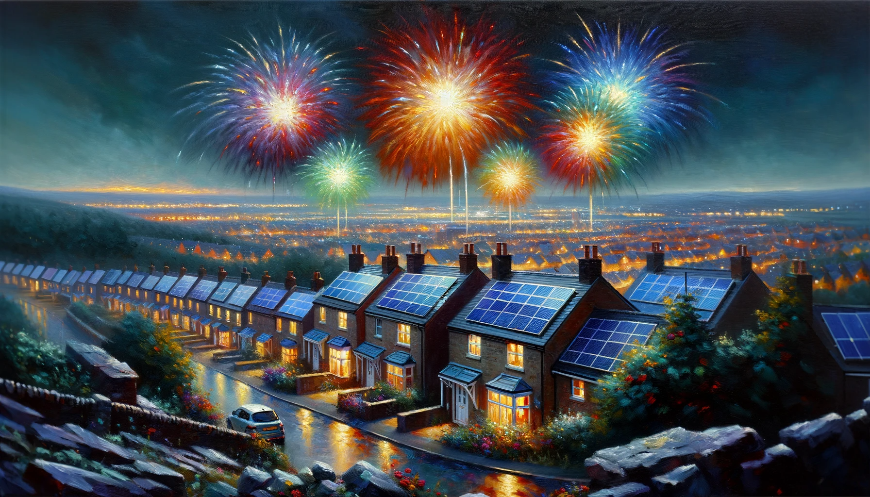 A British Neighbourhood with solar panels on the rooves. Fireworks go off in the background to bring in the new year