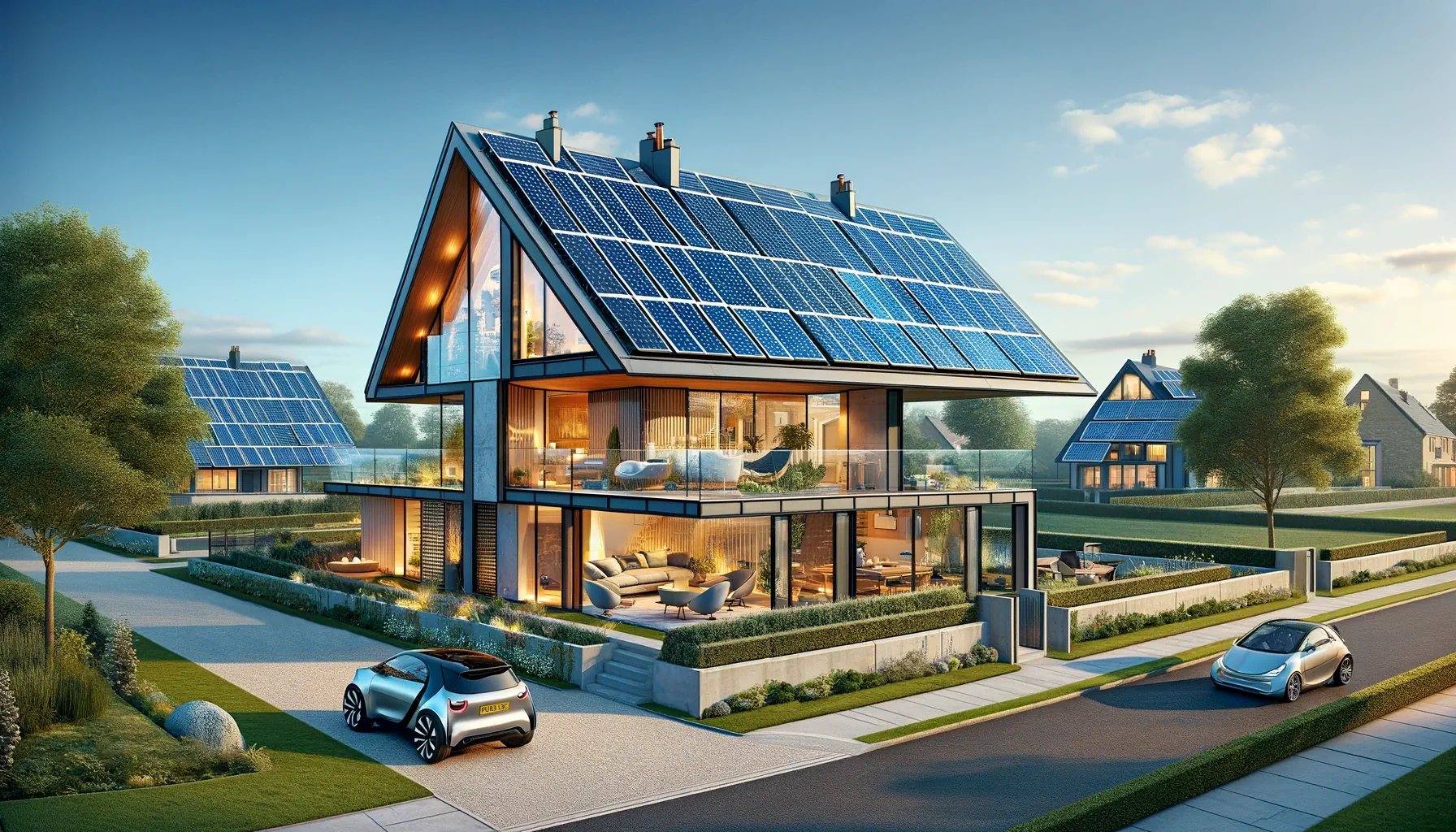 An artistic rendering of a house with solar panels built to the Future Homes Standard